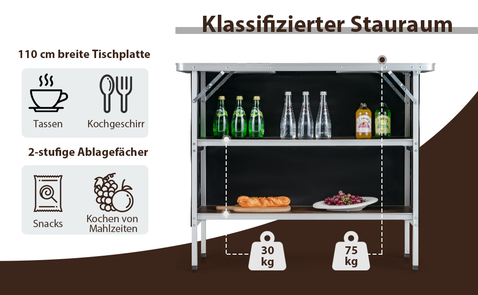 Складна кемпінгова шафа COSTWAY, портативна кемпінгова кухня з 2-рівневими полицями, кемпінгова розкладна шафа з алюмінію, в т.ч. сумка для перенесення, для пікніків, барбекю, вечірок, 110 x 38 x 88 см (кава)