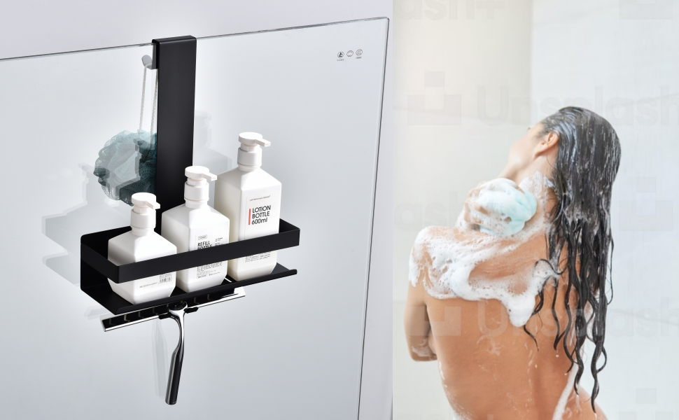 Підвісна поличка для душу з нержавіючої сталі, чорна матова, з гачками для скляних душових кабін, H30BN-1DH (1 відділення)