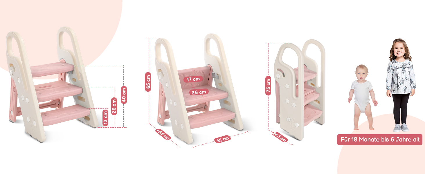 Дитячий табурет-сходинка Onasti: регульована висота, 2-3 сходинки, складна конструкція, багатофункціональний, для ванної, дитячої кімнати, кухні (зелений, рожевий)