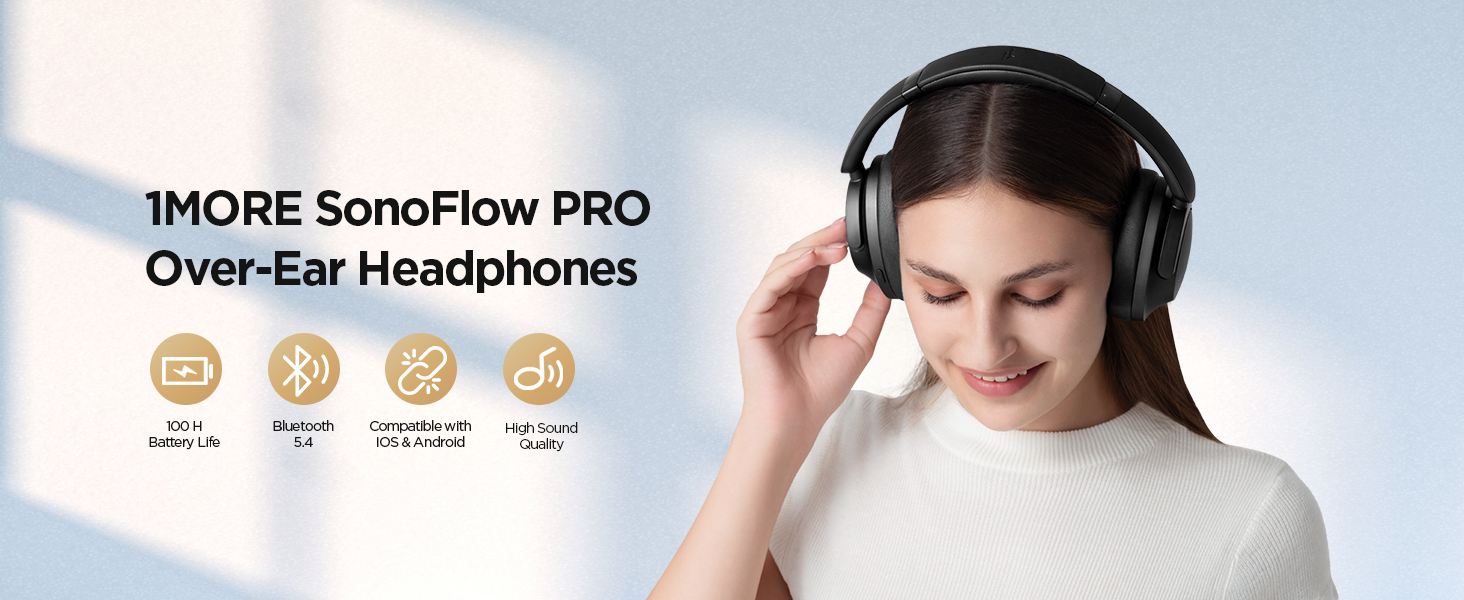 Бездротові накладні навушники SonoFlow Pro, ANC, 100H, LDAC, Bluetooth 5.4, AI Call (чорний), 1MORE