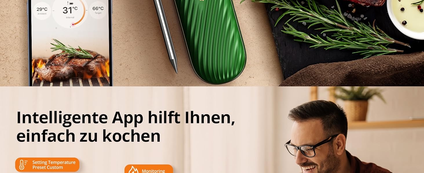 Бездротовий термометр для м'яса з Bluetooth, дальність 150м, IP67, з рецептами, для приготування, гриля та BBQ, INT-11XB