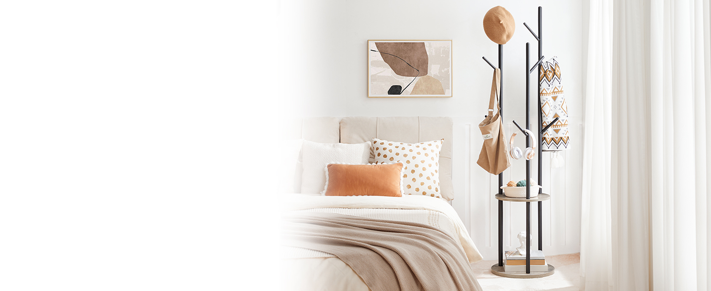 HOOBRO В'яжучий стійка для одягу, дерев'яна, з 8 гачками та 2 полицями, для вітальні, спальні, офісу, темно-коричневий/чорний