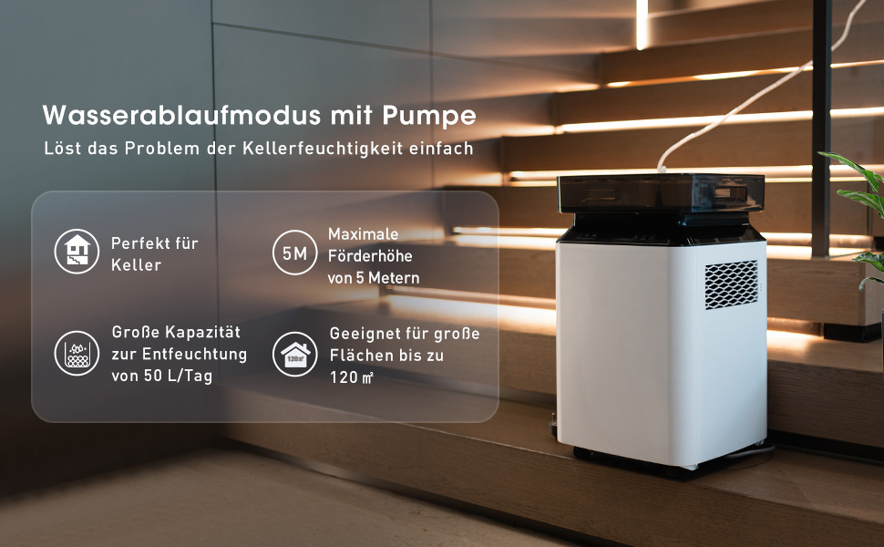 Електричний осушувач повітря Kalopsia: 50 л/день для підвалу та квартири - резервуар 8 л, 120 м², 46 дБ, автоматичне осушення, зливний насос та таймер 24 години, чорний