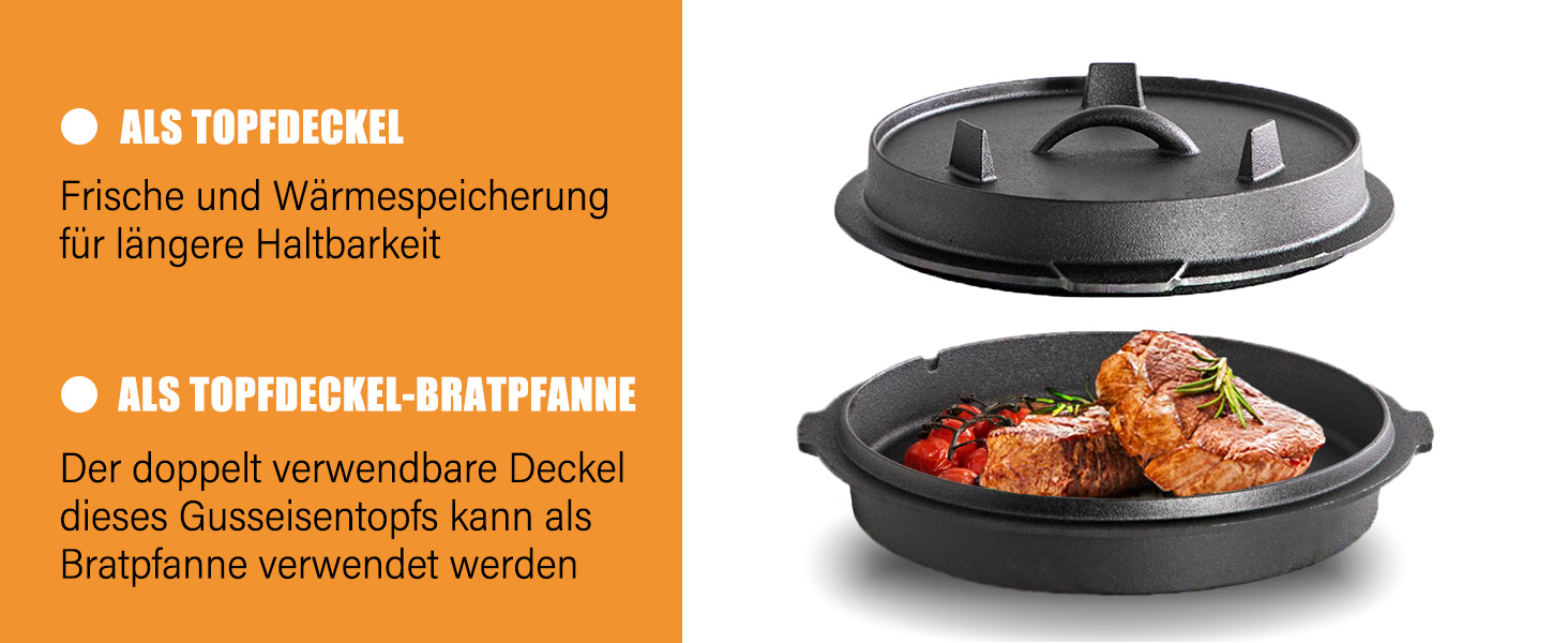 Чавунний казан (Dutch Oven) з кришкою-сковорідкою, набір 9 л, передзагартований казанок з ручкою-знімачем для outdoor та indoor, чорний