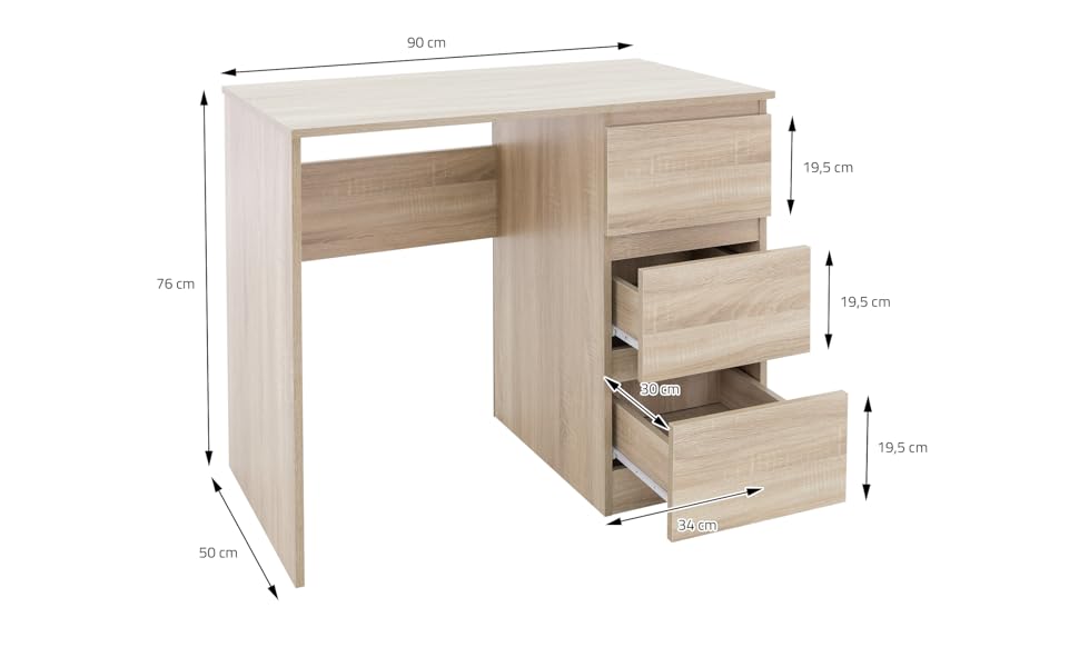 Письмовий стіл ML-Design з 3 висувними ящиками, 90x76x50 см, в дубі сонома, багато місця для зберігання, сучасний, робочий стіл офісний стіл комп'ютерний стіл офісні меблі дитячий стіл для ноутбука стіл для ПК стіл для дому/офісу