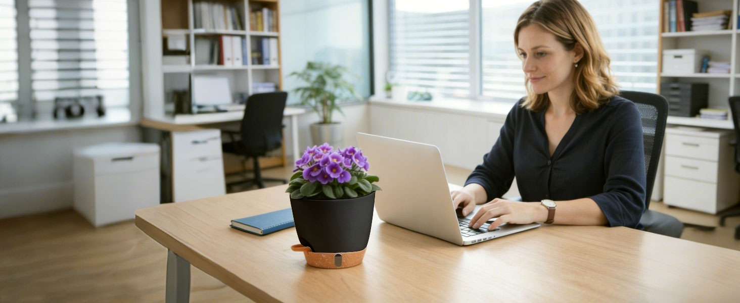 Набір 4 самополивні горщики T4U 15 см з індикатором рівня води, для дому та саду, чорний