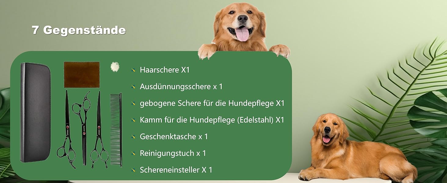 Набір ножиць для собак, 7' титанова нержавіюча сталь, 4 шт. и ножиці для хутра, філіровочние ножиці, вигнуті ножиці, гребінець