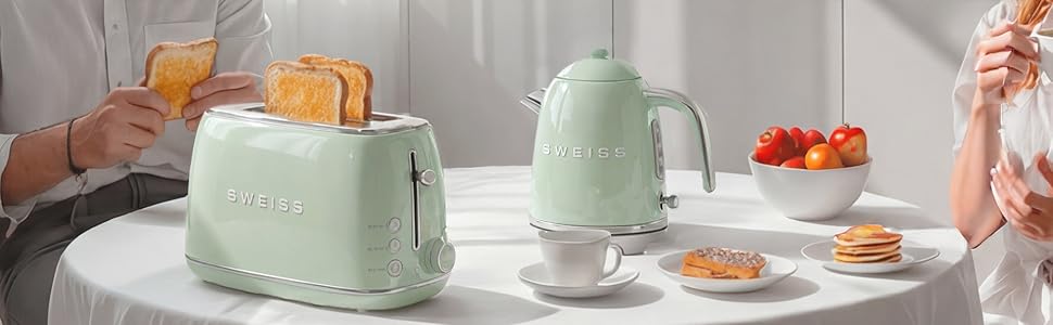 Тостер SWEISS Vintage GRV7, 2 відділення, 6 режимів підсмажування, для багетів, розморожування, нержавіюча сталь, 1500 Вт, зелений