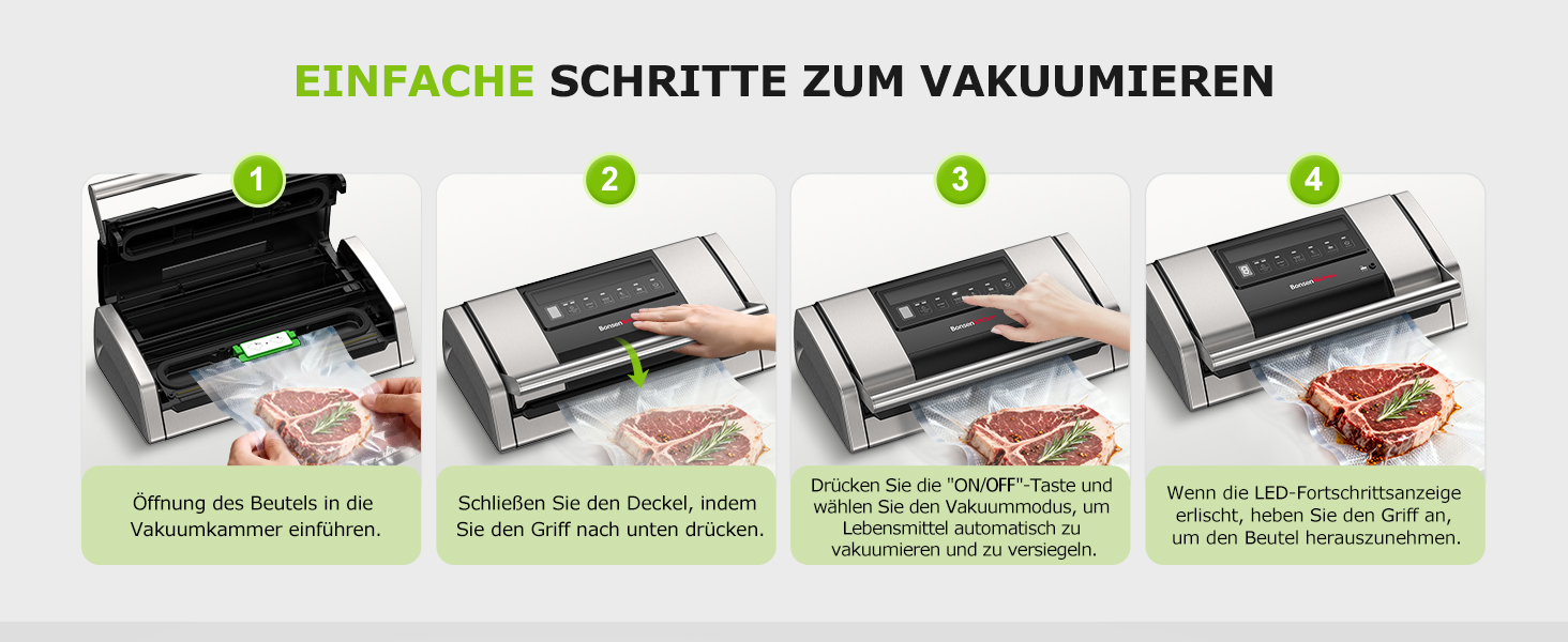 Вакууматор Bonsenkitchen VS5100 для Sous-Vide, 15 л/хв, з вбудованим різаком та кліпсою для пакетів, сріблястий