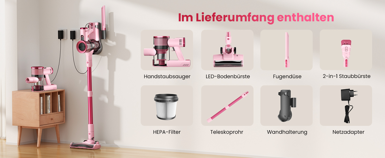 Акумуляторний пилосос Dzaki 50000 Па з дисплеєм, підставкою, довгою роботою та щіткою проти заплутування для килимів, твердих підлог, шерсті тварин, авто - помаранчево-рожевий