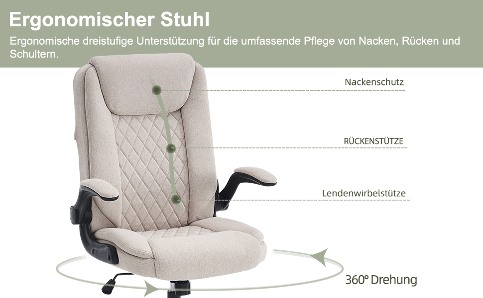 Офісний крісло CASTLOVE: ергономічний, з підлокітниками, регулюванням висоти та нахилу, з підголівником. Підходить для дому та офісу, витримує до 150 кг (Бежевий, тканина)