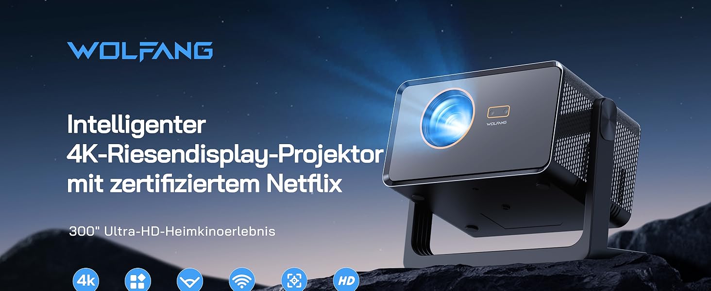 Міні проектор WOLFANG 4K з автофокусом та корекцією трапеції, 28000 люмен, WiFi 6, Bluetooth, для домашнього кінотеатру, 180° підставка, підтримка iOS/Android, для показу на вулиці