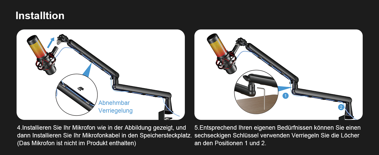 Мікрофонний стійкий тримач Aokeo AK-55 для столу, низькопрофільний, регульований, сумісний з Aokeo Yeti, Snowball iCE, HyperX QuadCast, SoloCast, Elgato Wave (Чорний)