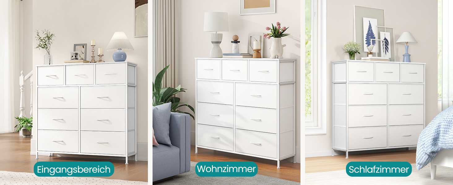 SONGMICS Комод з 9 висувних ящиків, шафа для зберігання, сталь, MDF, фліс, для спальні, прихожей, вітальні, білий (LGS323WH01)