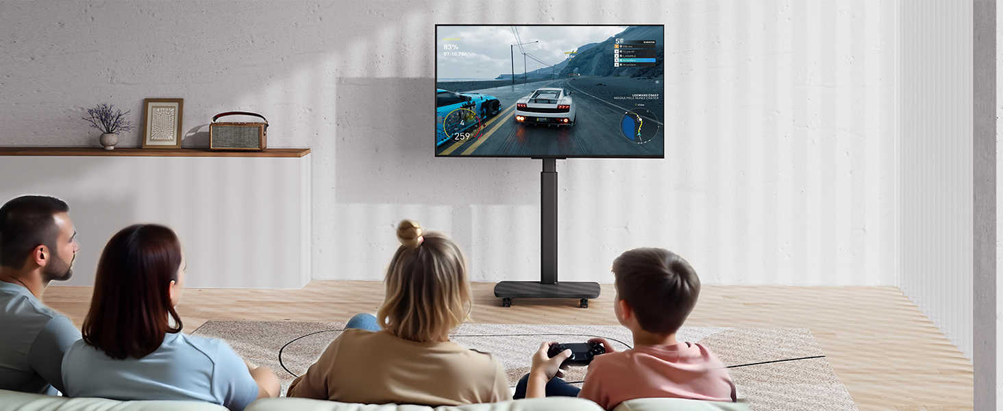 Підставка для телевізора на колесах з полицею, чорна, поворотна, регульована по висоті, VESA 400x400, для телевізорів 32-65 дюймів