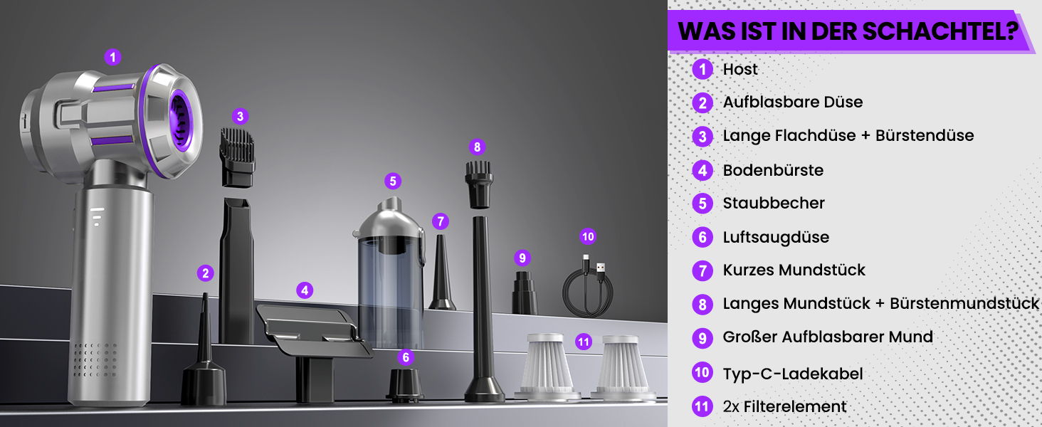 Акумуляторний ручний пилосмок 25000Па з безщітковим двигуном, 4-в-1, самоочищення, 3 режими потужності, для авто, дому та шерсті тварин, сріблясто-фіолетовий