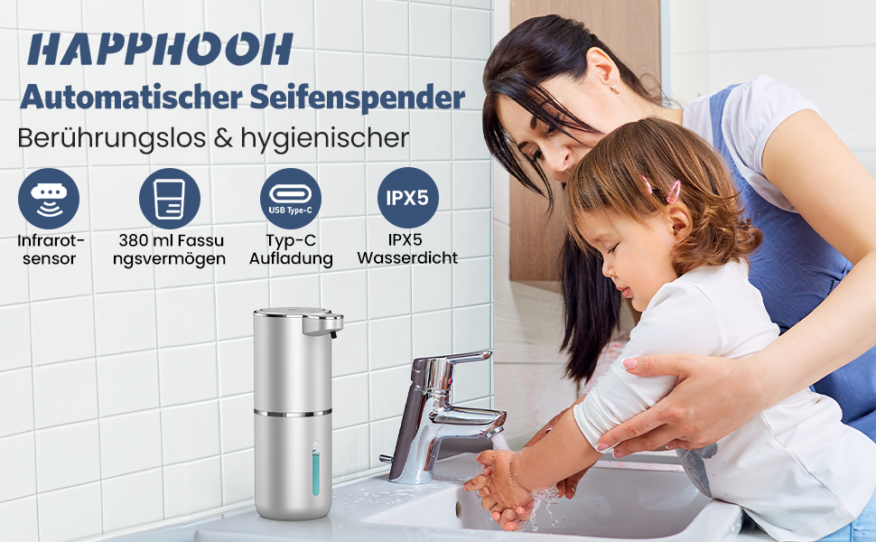 Автоматичний дозатор мила, 380 мл, електричний, з датчиком, USB, водонепроникний, для кухні, ванної, школи, готелю, сріблястий
