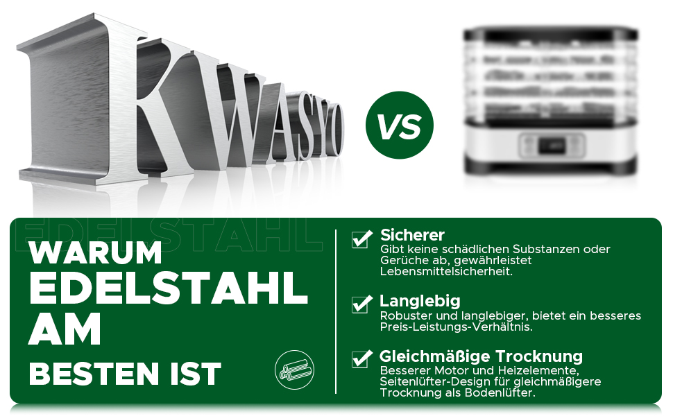 Електросушарка для овочів, м'яса та фруктів Kwasyo з нержавіючої сталі, 8 ярусів, 6 листів для сушіння, рецепти, без BPA, 30–90°C, до 24 год