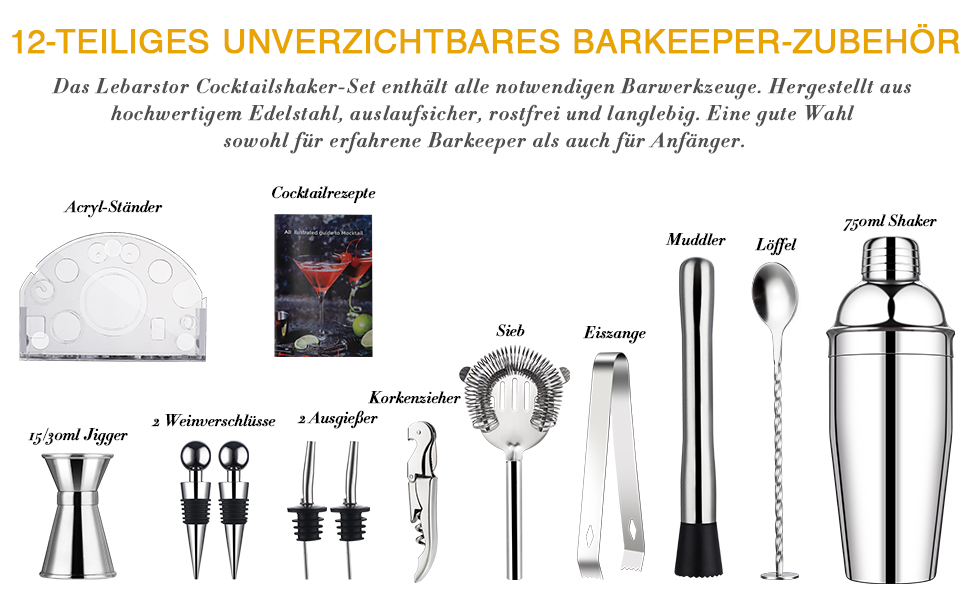 Набір шейкерів для коктейлів, барний аксесуар з нержавіючої сталі з 12 предметів, шейкер 750 мл із підставкою, подарунок для чоловіків