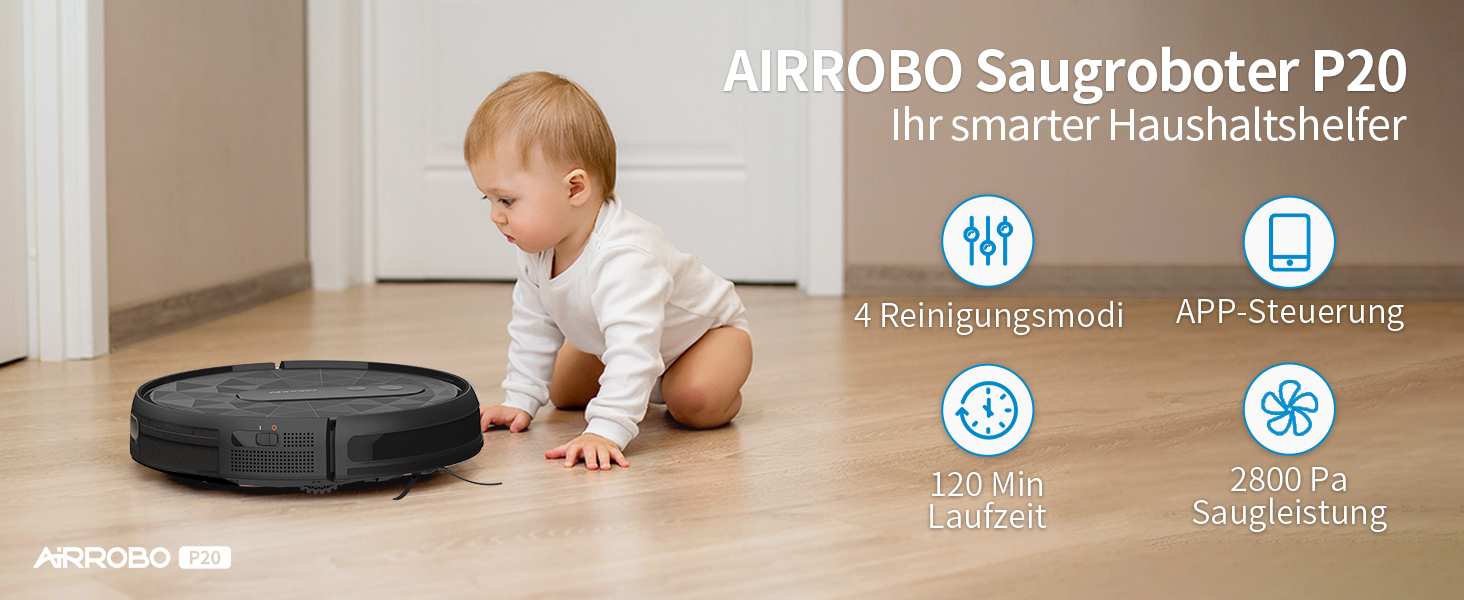 Робот-пилосос AIRROBO P20, всмоктування 2800 Па, самозарядка, Wi-Fi, час роботи 120 хв, для килимів, шерсті домашніх тварин, твердої підлоги