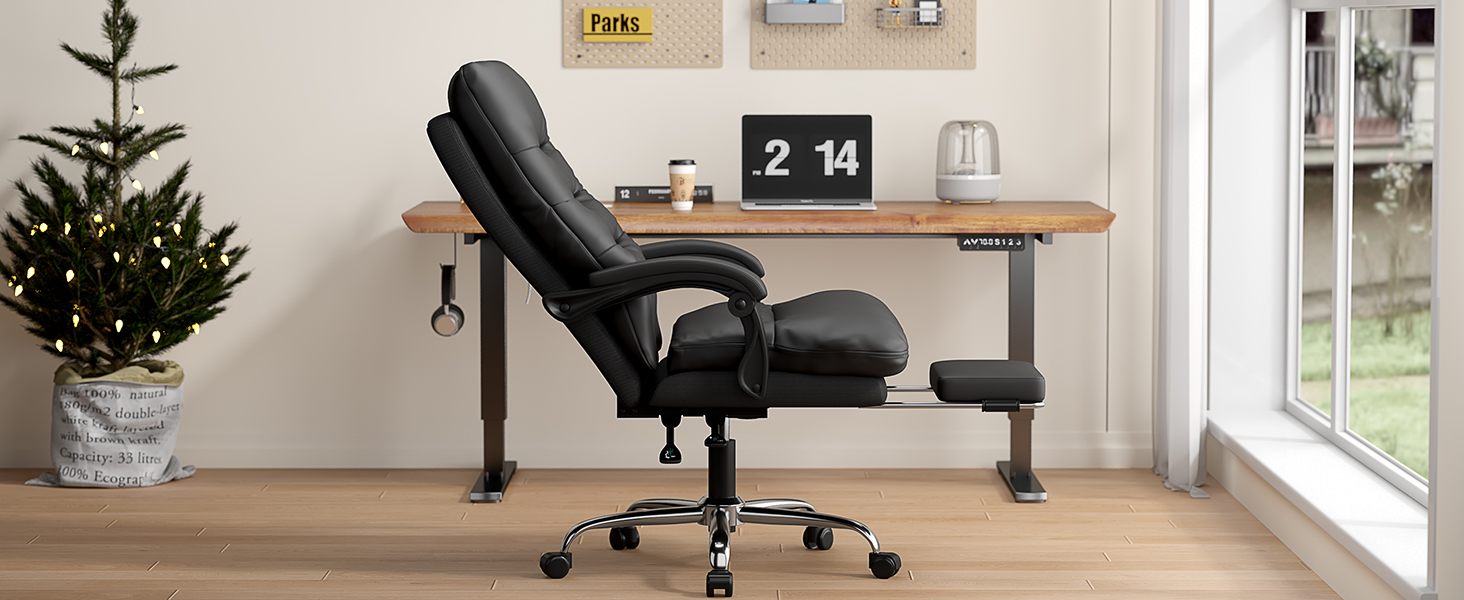 Ергономічне крісло для офісу Naspaluro з підніжкою, крісло для комп'ютера з двошаровою подушкою, високою спинкою, функцією відкидання, регулюванням висоти, з PU-шкіри, чорне, до 150 кг