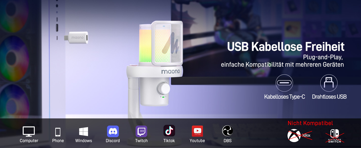 MAONO DM40 Бездротовий мікрофон для ПК з RGB-підсвіткою та ШІ-зміною голосу, шумозаглушення, для геймінгу, подкастингу та стрімінгу