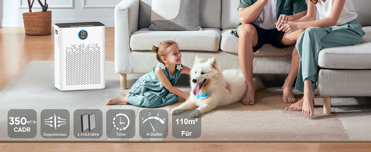 Повітряочисник з керуванням через додаток, HEPA фільтр H14, фільтр з активованим вугіллям, розумний дім, сумісний з Alexa, для великих приміщень (KJ3-7, 2x HEPA фільтри)