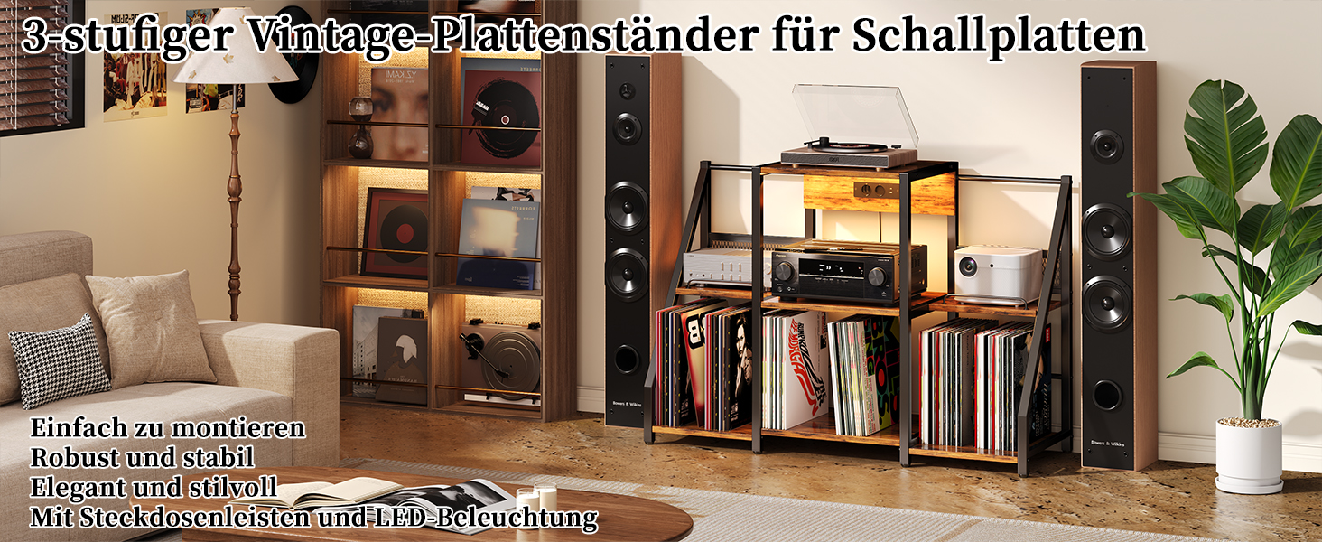 Підставка для програвача вінтаж велика з розеткою та LED-підсвіткою, тримач для платів, полиця для вінілу на 300 альбомів, для вітальні, спальні