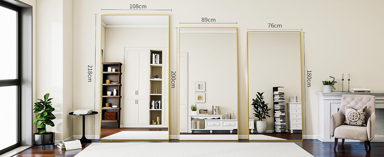 Дзеркало підлогове велике BEAUTYPEAK 76x180 см, повнорозмірне, настінне/підлогове, золоте, для спальні, вітальні, гардеробної