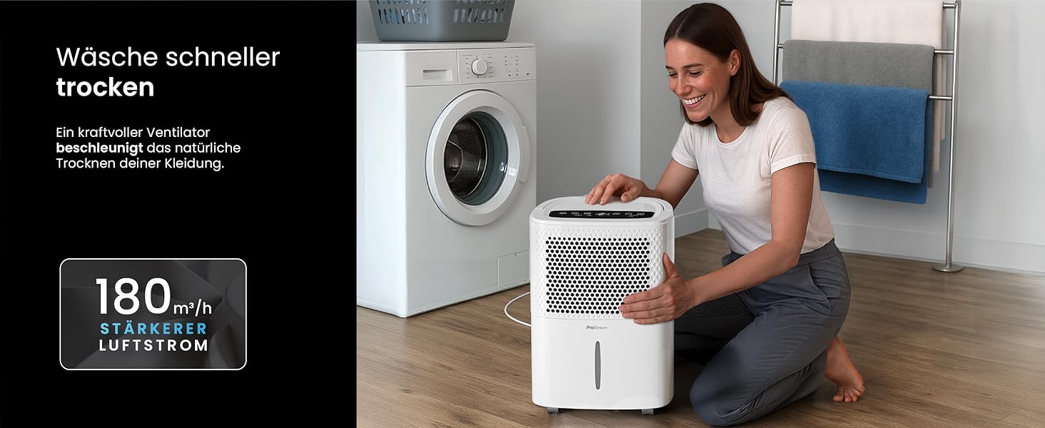 Pro Breeze® Eco Kompakt 12L/день: Електричний осушувач повітря з LED-дисплеєм, функцією сушіння білизни та Smart App (20 м²)
