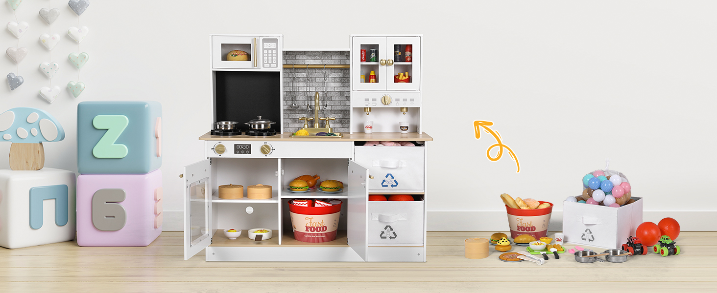 Дерев'яна дитяча кухня MAMIZO з підсвіткою та звуком, 90x30x90 см, з аксесуарами та 2 ящиками для зберігання, іграшка для дітей від 3 років, білий колір