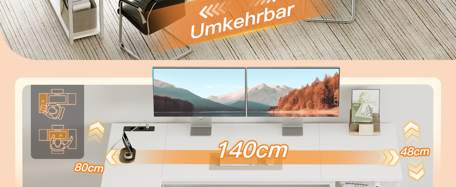 Кутовий письмовий стіл Coleshome з 2 шухлядами та полицею, 140x80 см, білий. Ігровий стіл для дому та офісу з розеткою