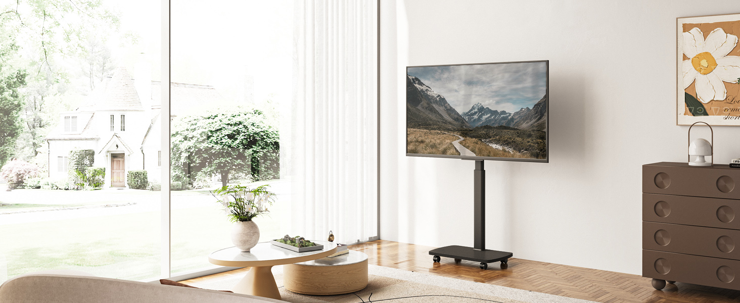 Підставка для телевізора на колесах з полицею, чорна, поворотна, регульована по висоті, VESA 400x400, для телевізорів 32-65 дюймів