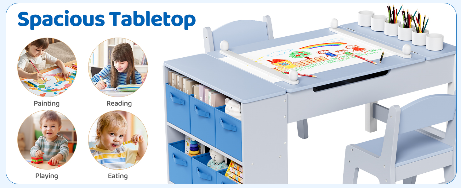 Дитячий стіл зі стільцями, комплект з дерева, дитяча група сидіння з місцем для зберігання, стіл для малювання з рулоном паперу, стіл для малювання та рукоділля для дітей від 3 років (Блакитний)