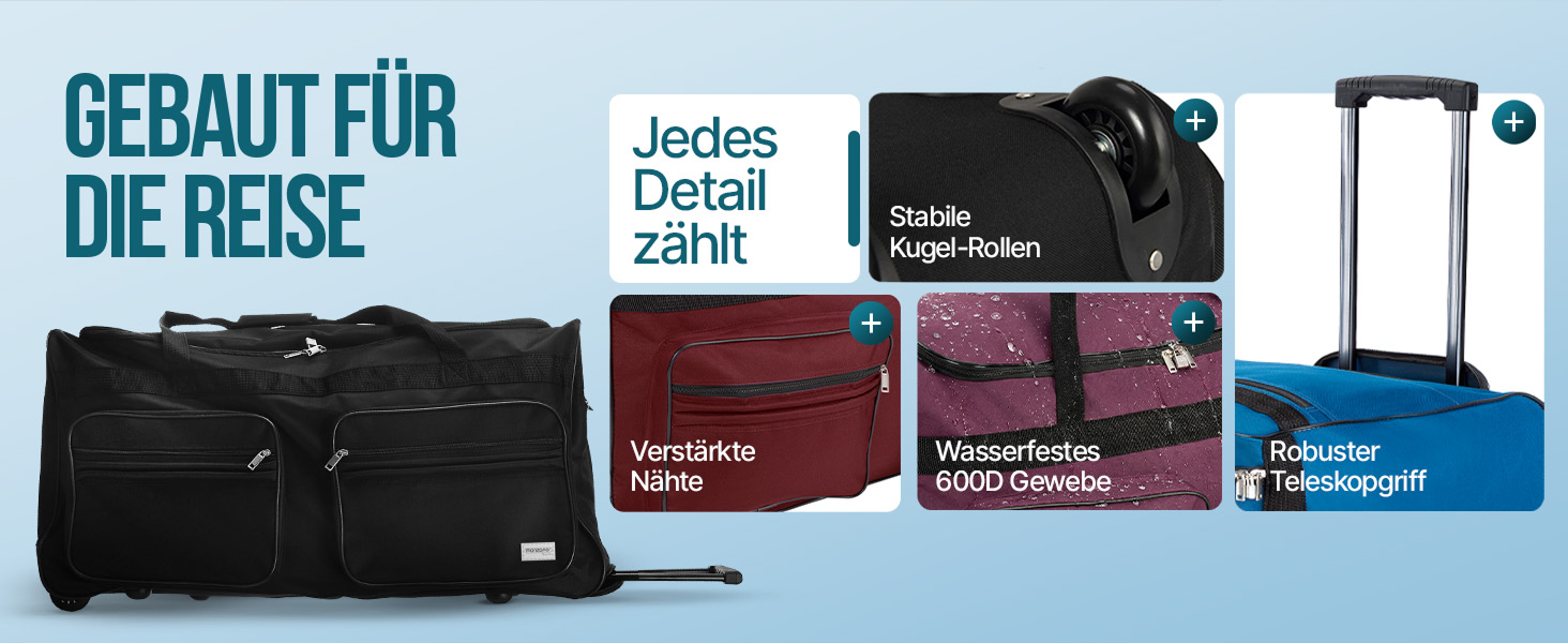 Дорожня сумка на колесах MONZANA XL 85л, сумка-тролей з телескопічною ручкою та підставками, м'який дорожній багаж (Темно-синій, 70x36x34см)
