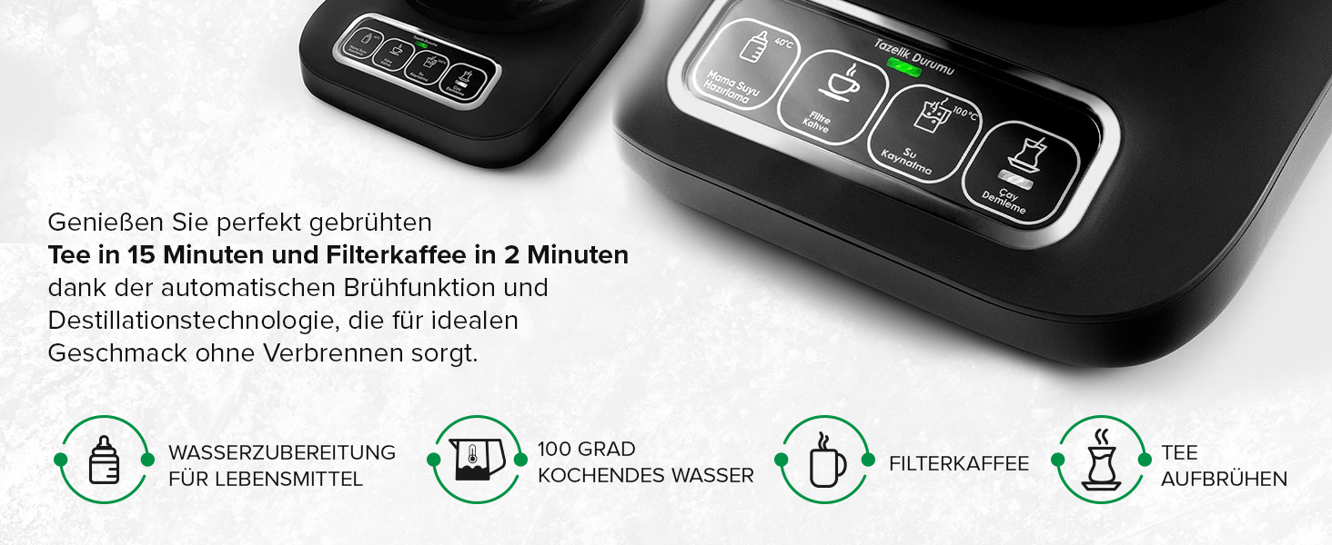 Чайоварка-робот Karaca Çaysever Pro 4-в-1: чайник, кавоварка, фільтр-кавоварка, 2500W, чорний & хром, з індикатором свіжості та голосовими підказками (великий, хром)