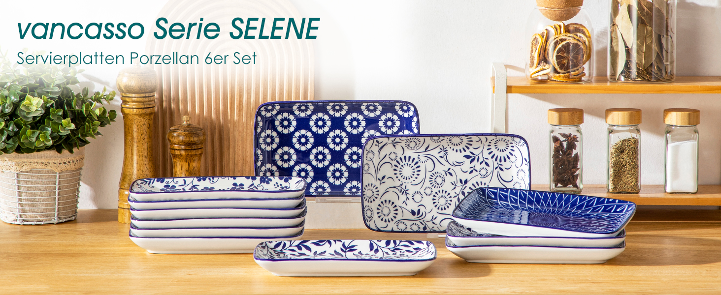Набір тарілок Vancasso Selene 6 шт, прямокутні порцелянові тарілки для закусок, суші, десертів, фруктів, овочів 22x13 см
