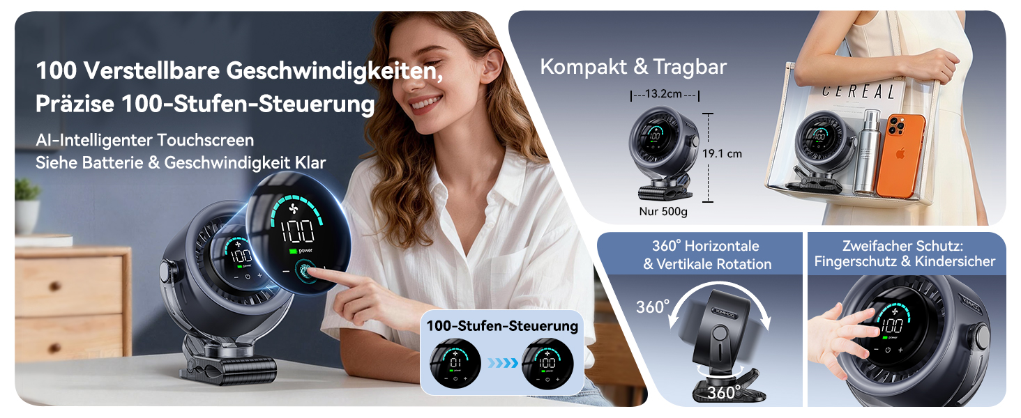 Вентилятор на акумуляторі KIMMOO 4000mAh з LED-дисплеєм, 100 швидкостей, поворот на 360°, USB, чорний