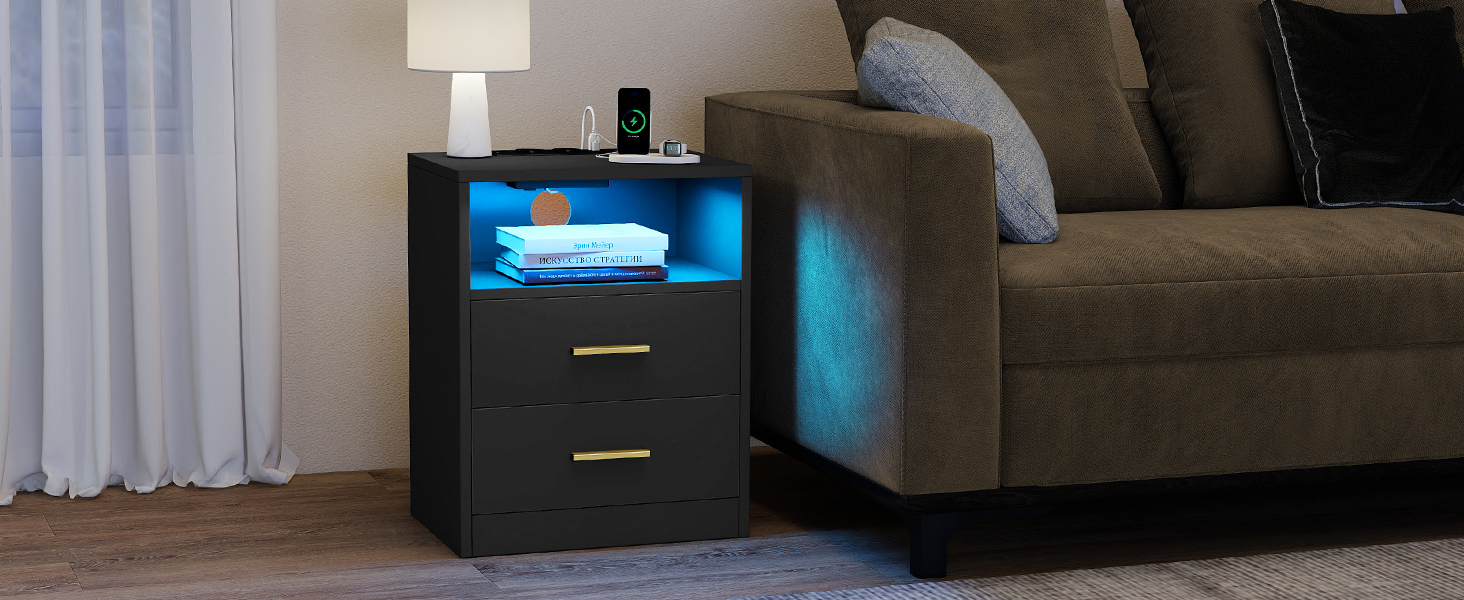 VASAGLE Custos: Набір з 2 тумбочок з LED-підсвічуванням та зарядкою, чорний, з шухлядами, 2 розетки AC та USB