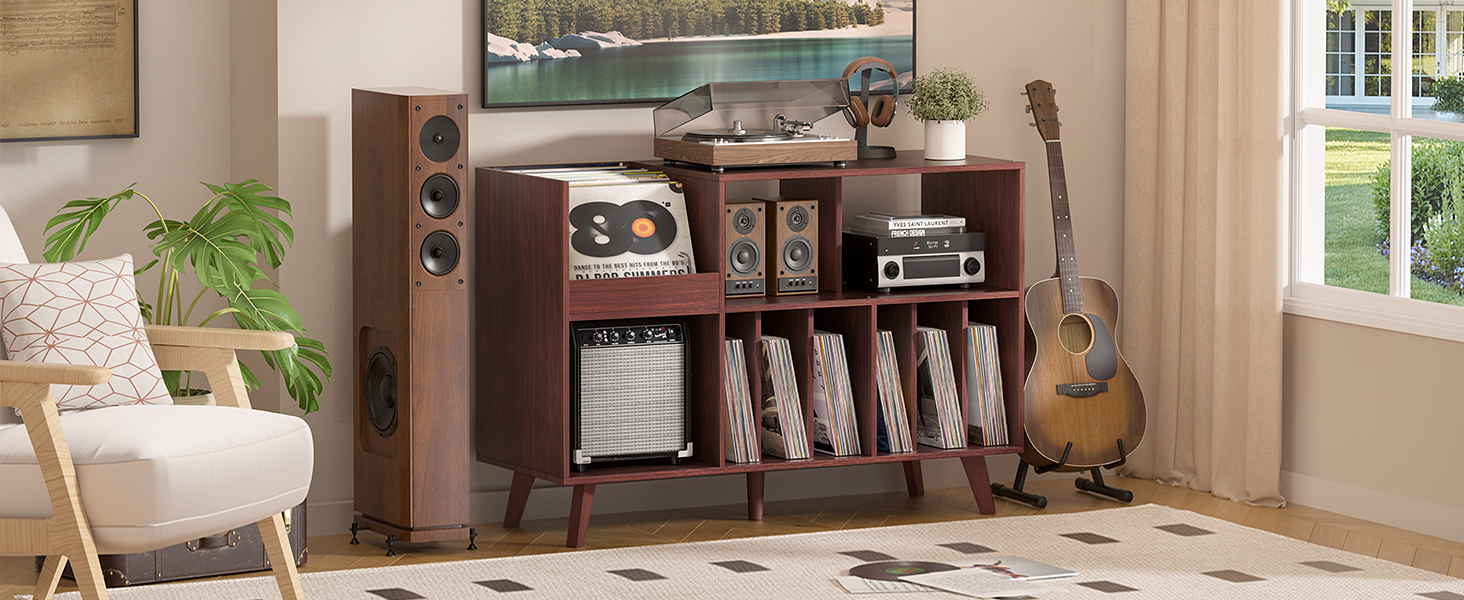 Стійка для платівок з полицею для зберігання, підставка для програвача, органайзер для вінілових платівок на 450 альбомів, полиця для музичної кімнати та вітальні (горіх)