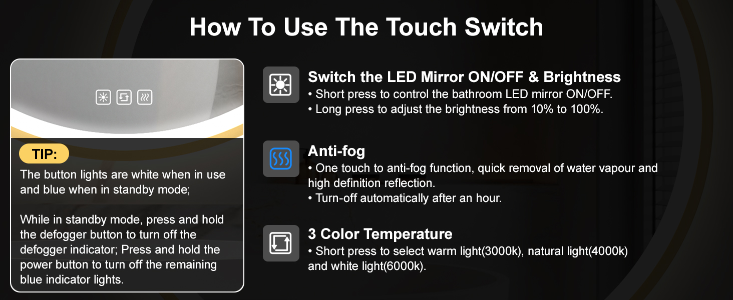 Дзеркало для ванної кімнати Furduzz з LED-підсвічуванням, 700 мм, сенсорне керування, диммування, 3 кольори, протизапотівання, пам'ять, золота рамка (60x60 см)