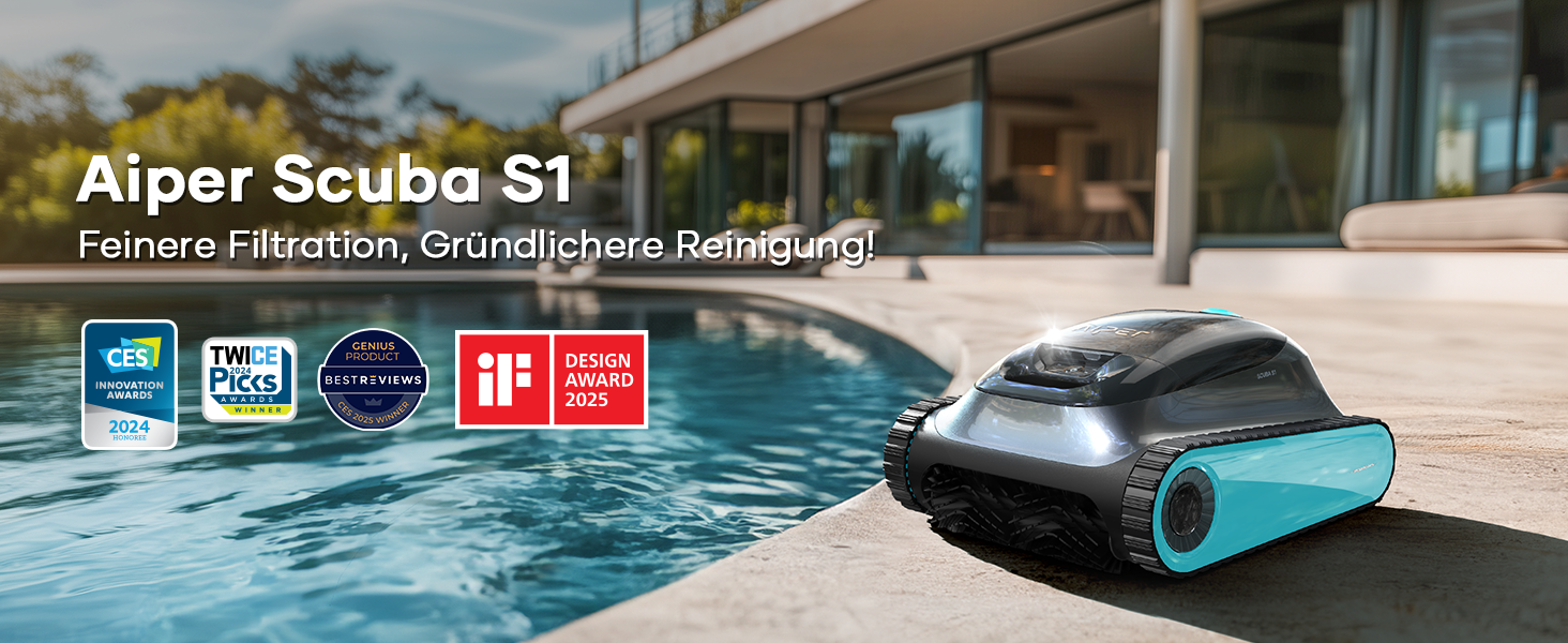 AIPER Scuba S1 Робот-пилосос для басейну, автоматичне очищення дна та стін, ультратонкий фільтр 3 мкм, 180 хвилин роботи, 15900 л/год, керування через додаток, для вбудованих басейнів, синій