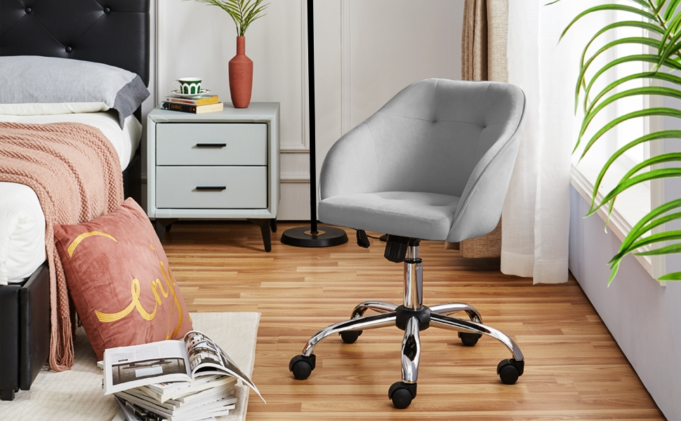 Крісло Yaheetech для дому та офісу, крісло для макіяжу, регульоване по висоті, поворотне, оксамитове, для робочого кабінету, спальні, дихаюче, на коліщатках, до 136 кг, сірий колір