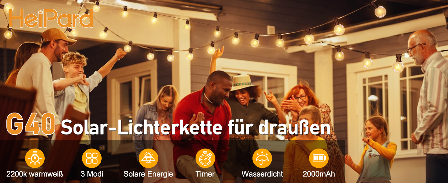 Світлодіодна гірлянда сонячна на 10 метрів, 16+1 лампочки G40, димування, 3 режими, пульт дистанційного керування, вологостійка, тепле біле світло, для саду, балкона, декору вечірок