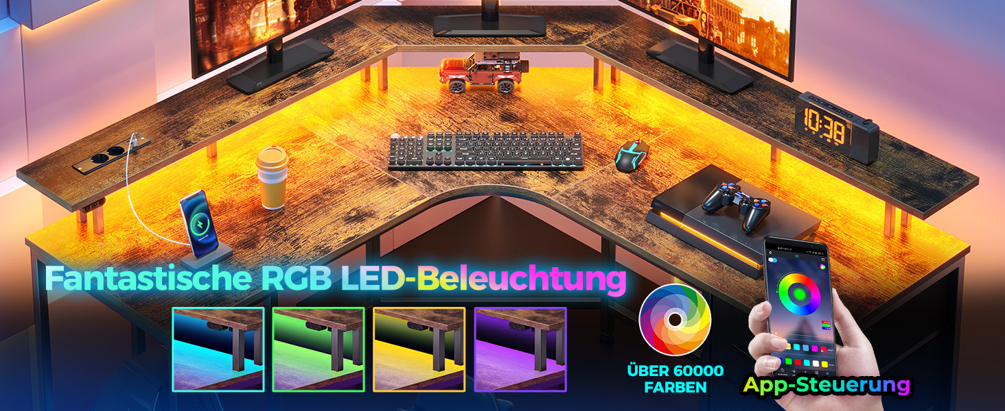 Ігровий кутовий стіл Seventable L-подібної форми з LED підсвіткою та розетками, 3 висувні ящики, стіл для дому та геймінгу, 135x135x88 см (Вінтажний коричневий)