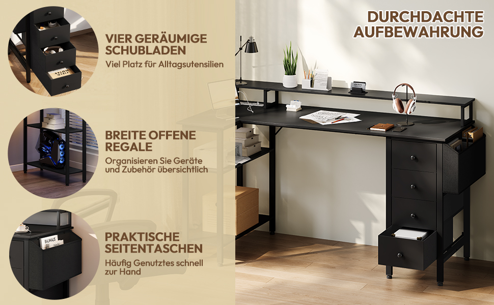 Кутовий стіл Yaheetech L-подібний з розетками 120x68 см, геймерський стіл з тримачем для монітора, 4 шухляди, 2 полиці, кишенька для зберігання, для дому/офісу (чорний)