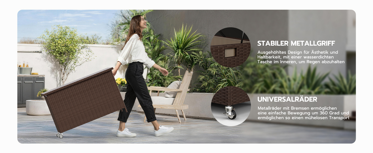 Водонепроникний садовий ящик Amopatio Gartenbox 480л з поліротангу, металевий з колесами та газліфтом для саду, балкону - коричневий