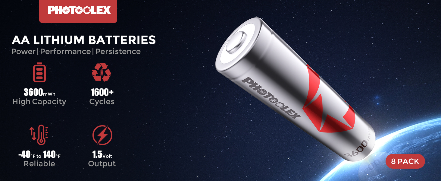Акумулятори PHOTOOLEX AA 1.5V 3600mWh, комплект 8 шт. з кейсом для зберігання, високої ємності, перезарядні літієві батарейки (без зарядного пристрою)