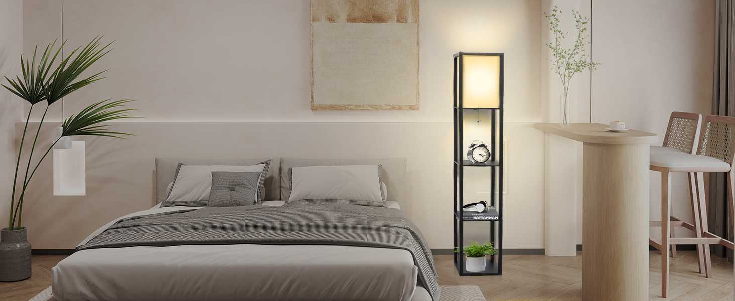 Торшер Fullwatt з дерев'яною полицею та підсвічуванням для спальні та вітальні (чорний)