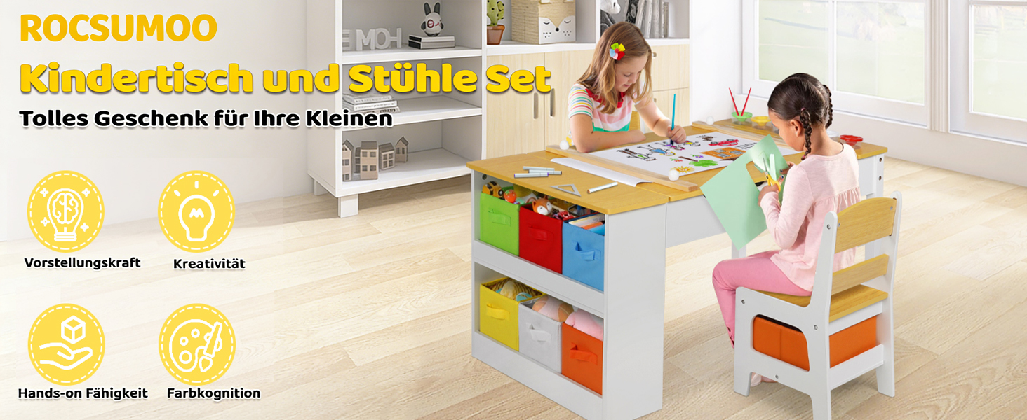 Дитячий стіл Kinder-Kunsttisch Set з 2 стільцями - дерев'яний набір для творчості для малюків з регульованою стільницею, відрами для пігментів та 8 тканинними ящиками для зберігання (Натуральний)